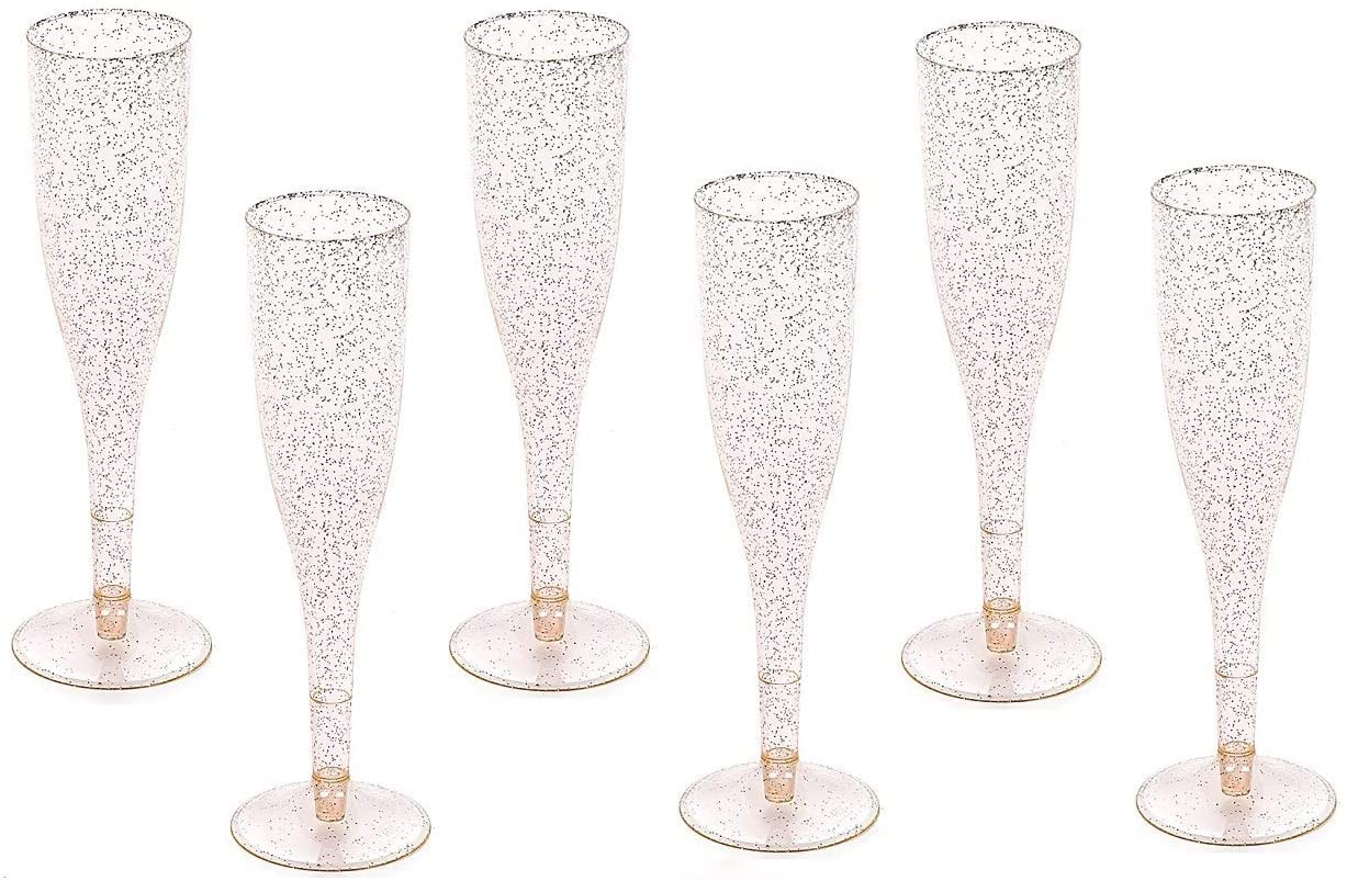 Oojami Gold Glitter Plastic Classicware Glass Like Champagne Wedding Parties Toasting Flutes (1 Box = Quantity 30)