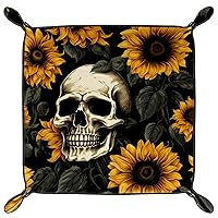 Skull Sunflower Microfiber Leather Dice Trays Folding for RPG DND Table Games, Leather Dice Holder Storage Box Portable Folding Rolling Dice Tray, 20.5x20.5cm