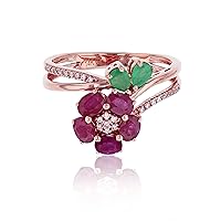 DECADENCE 14K Rose Gold Round Cubic Zirconia & Oval Ruby/Pear Shape Emerald Flower Ring