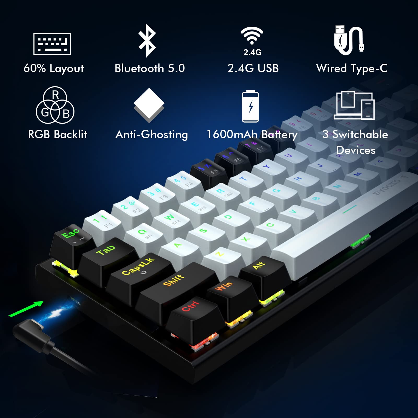 E-YOOSO Wireless Mechanical Keyboard, Bluetooth/2.4G/USB-C 60% Portable Rechargeable 63 Keys Gaming Keyboard, Compact RGB Hot Swappable Mechanical Keyboard with Linear Red Switches for Windows/Mac