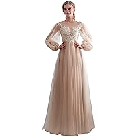 Women's Puff Sleeve Long Prom Dress Lace Applique Tulle Wedding Dress
