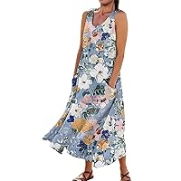 Maxi Dress for Women Floral Print Cotton Linen Summer Beach Tank Dress Round Neck Sleeveless Sundress with Pockets