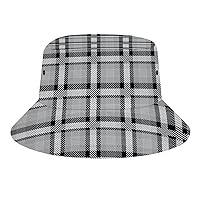 Bucket Hats for Women Gray Plaid Checkered Geometric TravelPackable Unisex Fashion Bucket Printed Hat Sun Cap Packable Outdoor Fisherman Hat for Women and Men Teens Beach Caps Fishing Cap