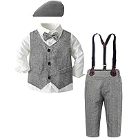 SANGTREE Boys Clothes Set, Shirt with Bow Tie + Beret Hat + Suspender Pants Sets, 3 Months - 9 Years
