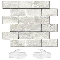 10-Sheet Subway Tile Cream Peel and Stick Backsplash, Beige Stone Texture with Grey Grout Kitchen Backsplash Wall Tile, 3D Adhesive Stick on Tile for Bathroom, RV, Fireplace