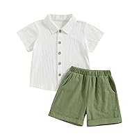 Toddler Baby Boy Summer Outfit Cotton Linen Short Sleeve Button Down Shirt Elastic Waist Shorts 2Pcs Casual Clothes