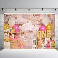 MEHOFOND 7x5ft Pink Gold Balloon Girl First Birthday Party Backdrops Sweet One Retro Brick Wall Cloud Gold Stars Photography Background Portrait Photo Studio Decoration Banner Props for Cake Smash