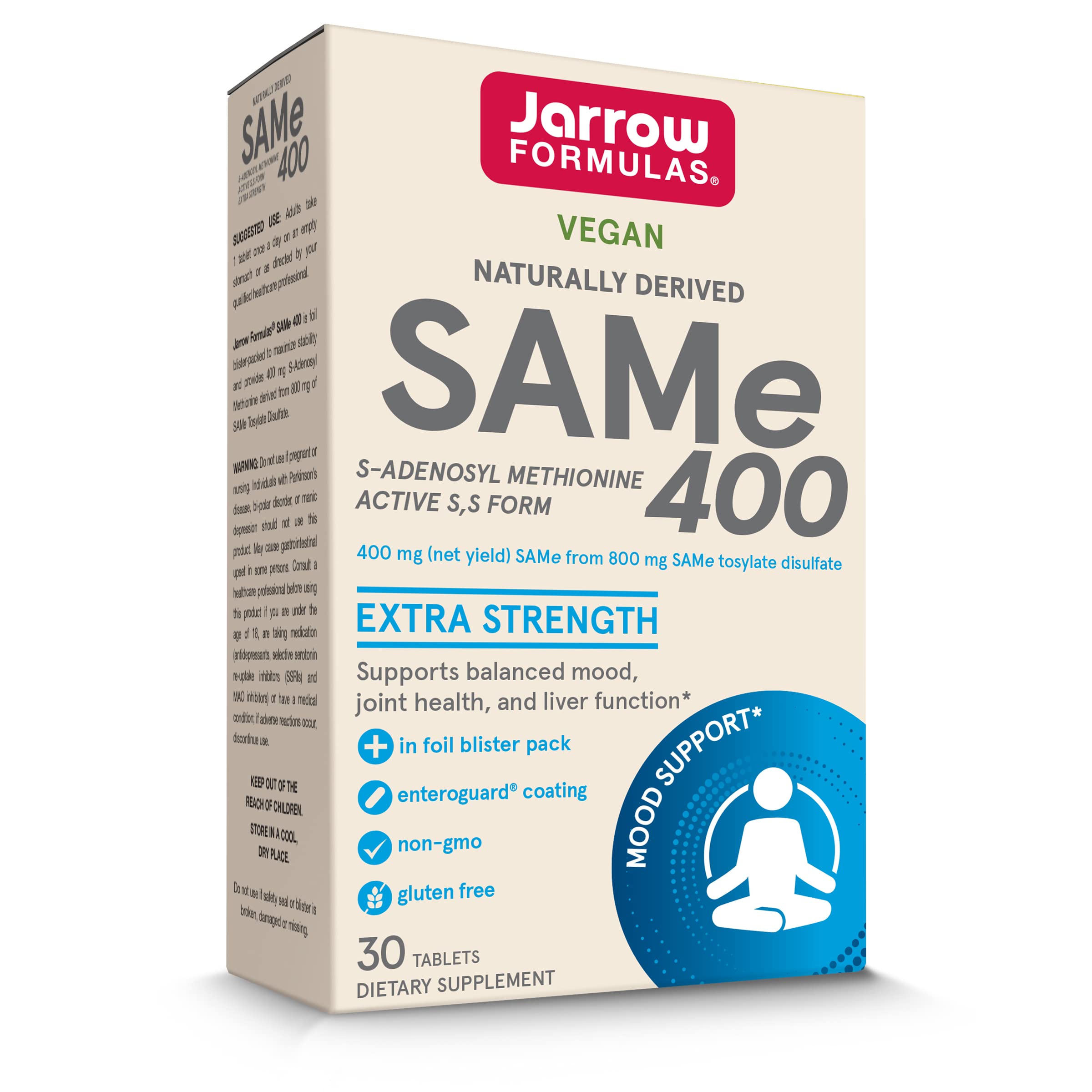 Jarrow Formulas SAMe 400 mg - 30 Tablets - Highest Concentration of Active S,S Form - Supports Joint Health, Liver Function, Brain Metabolism, Mood & Antioxidant Defense - 30 Servings