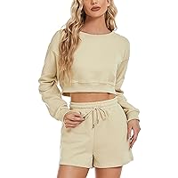 Flygo Sweat Sets for Women 2 Piece Outfits Sweatsuit Cute Pullover Sweatshirt Crop Top Shorts Lounge Set