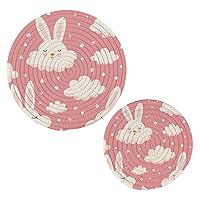 Cute Rabbit Round Cotton Trivets Stylish Absorbent Coaster Set Pot Holders Drink Coasters for Boho Home Bar Decor-2Pcs