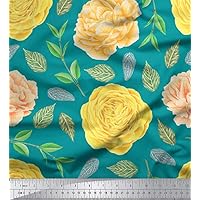 Soimoi Silk Green Fabric - by The Yard - 42 Inch Wide - Beech Leaves & Denmark Rose Floral Textile - Nature-Inspired and Graceful Patterns for Various Uses Printed Fabric