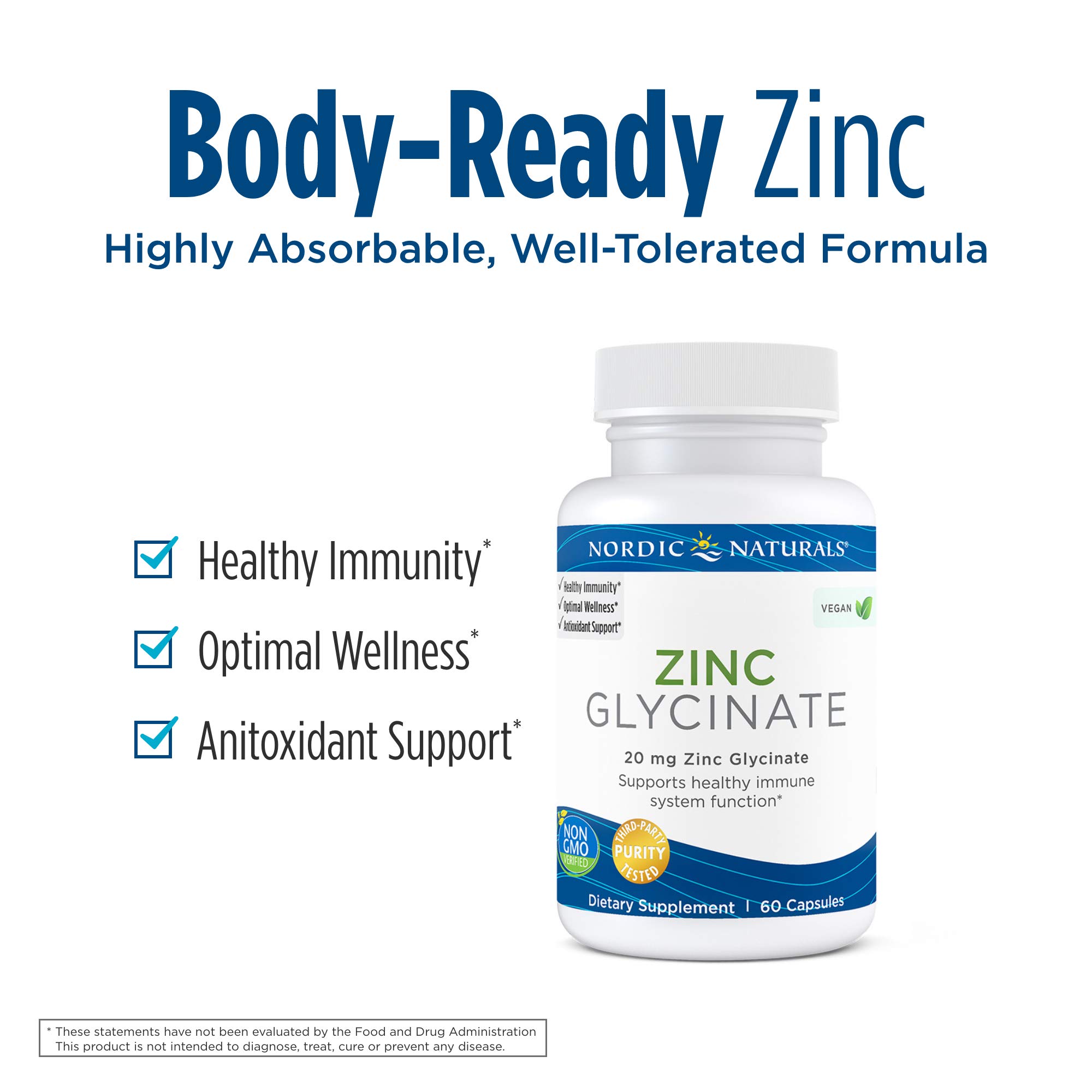 Nordic Naturals Zinc Glycinate - 60 Capsules - 20 mg Highly Absorbable Zinc Glycinate - Optimal Wellness - Non-GMO, Gluten Free, Vegan - 30 Servings