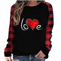 Raglan Sleeve Love Heart T-Shirt for Women Valentine's Day Plaid Love Letter Graphic Tops Fashion Casual Pullover