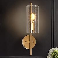 LALUZ Wall Sconce, Gold Bathroom Light Fixtures, Gold Vanity Light with Seedy Glass Shade for Bathroom, Hallway (17’’ H x 5’’ W)