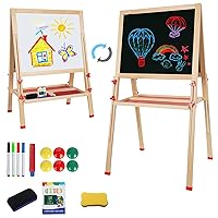 Adjustable Wooden Easel for Kids, Standing Art Easel for Kids 3, 4, 5, 6, 7, 8 Years Old Boy & Girls, Foldable Toy Painting Easel for Children with Chalkboard & Magnetic Whiteboard