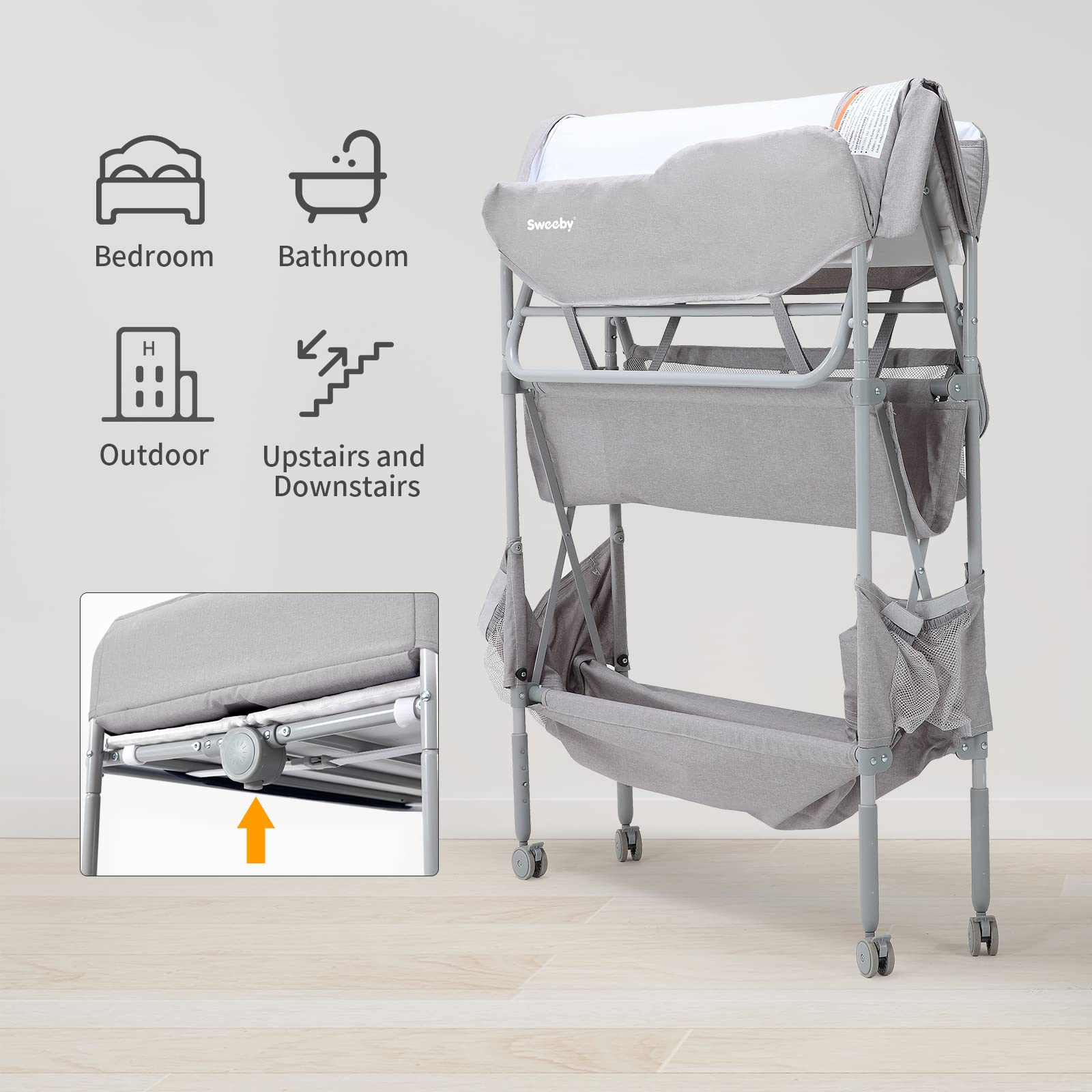 Sweeby Portable Baby Changing Table, Foldable Changing Table Dresser Changing Station for Infant, Waterproof Diaper Changing Table Pad Topper, Mobile Nursery Organizer for Newborn Essentials (Grey)