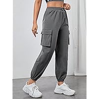 Pants for Women Flap Pocket Side Drawstring Waist Cargo Pants MISEV (Color : Dark Grey, Size : XX-Small)