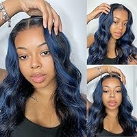 Beauty Forever Blue Highlights Wig Body Wave 13x4 Lace Front Wigs Black With Blue Highlights Human Hair Wigs For Women,Blue Dream Colored Wigs 150% Density Pre Plucked Wigs 20 inch
