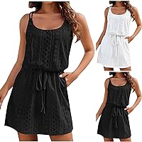 Womens Crochet Tank Dress Spaghetti Strap Hollow Out Scoop Neck Mini Dresses Casual Beach Knee Length Dress
