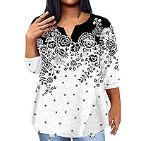 Plus Size Blouses for Women Dressy 3/4 Sleeve V Neck Tops for Women Spring 2024 Womens Fashion Floral Print Blouse Shirts