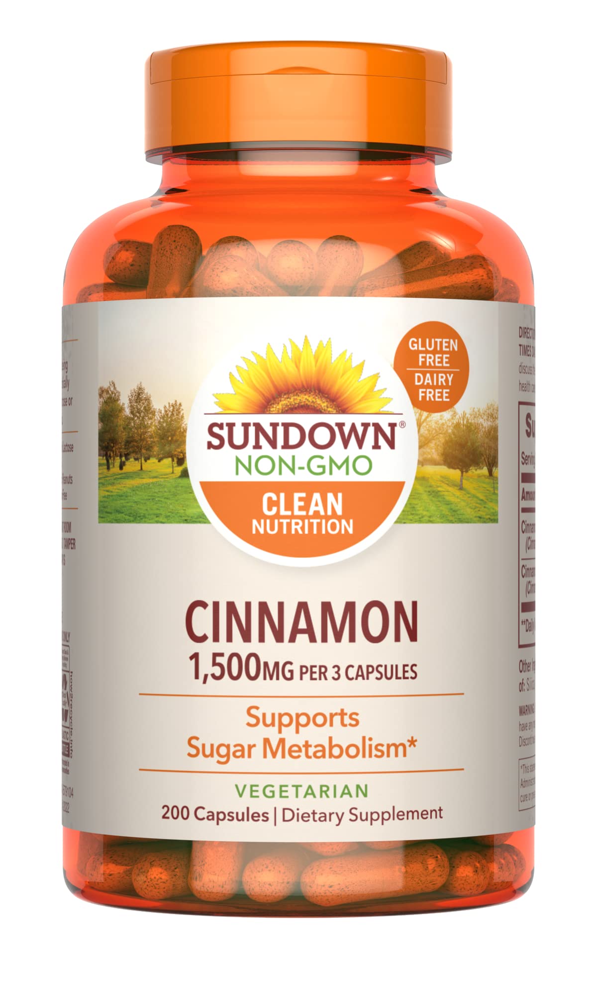 Sundown Cinnamon Capsules, Supports Sugar Metabolism, Non-GMO, Gluten-Free, Dairy-Free, 200 Ct