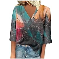 3/4 Sleeves Tops for Women Tie-Dye Print Shirt Woman V Neck Loose Flowy Tunic Blouse Casual Graphic Tee Blouse Tops