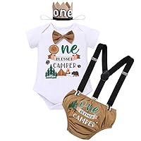 IBTOM CASTLE Camping Outdoor Themed 1st Birthday Outfit for Baby Boys Bowtie Bodysuit Shorts 4pcs Cake Smash Outfit