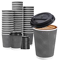 Lamosi 50 Pack - 12 oz Insulated Disposable Coffee Cups with Lids, To Go Paper Coffee Cups with Lids, Corrugated Ripple Wall Cup for Hot Drink Office Coffee Bar