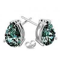 Silver Plated Pear Real Moissanite Stud Earrings (2.44 Ct,Blue Green Color,VS1 Clarity)