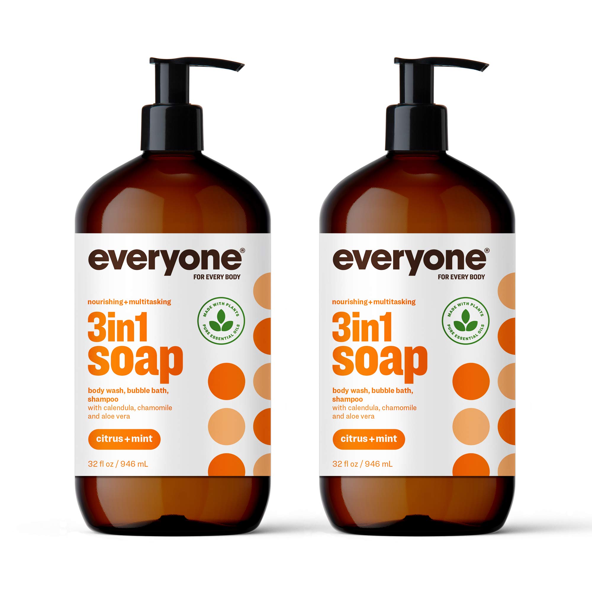 Everyone 3-in-1 Soap, Body Wash, Bubble Bath, Shampoo, 32 Ounce (Pack of 2), Citrus and Mint, Coconut Cleanser with Plant Extracts and Pure Essential Oils