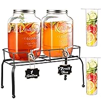1 Gallon Drink Dispensers for Parties, Beverage Dispenser with Stand Stainless Steel Spigot Large Glass Drink Dispenser Lemonade Dispenser for Parties Water Juice Dispenser Punch (2 Pack)