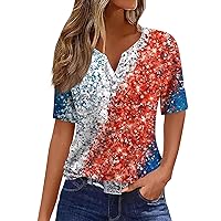 Women's Patriotic Summer TOS American Vintage Clothing 4Th of July Apparel Fitted Henley V Neck Short Sleeve Blouse