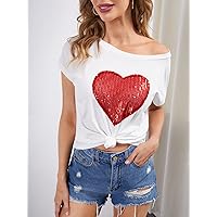Women's Tops Women's Shirts Sexy Tops for Women Heart Sequins Tee (Color : White, Size : X-Small)