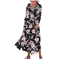 Boho Dress for Women, Black Maxi Dress Valentine Dress Women's Casual Comfortable Floral Print Three Quarter Sleeves Cotton Pocket Dress Winter White Dress Thin Dress Socks Women(Pink,5XL)