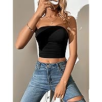 Women's Tops Sexy Tops for Women Women's Shirts Solid Ruched Crop Tube Top (Color : Black, Size : Tall L)