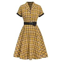 Women's Vintage Shawl Collar Swing 1950s Midi Plaid Dress Detachable Belt