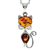 Genuine Baltic Amber & Sterling Silver Cute Cat Pendant without Chain - GL2011