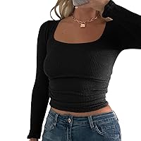 Women Knit Long Sleeve Crop Tops V Neck Ribbed Slim Fit Tee T Shirt Sexy Blouses Retro Going Out Streetwear