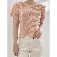 Women's Shirts Women's Tops Shirts for Women Solid Puff Sleeve Knit Top (Color : Coral Pink, Size : X-Large)