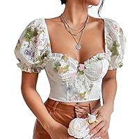 Lace Corset for Women, Fashion Square Neck Puff Sleeve Fishbone Patchwork Wrap Bustier Ladies Sexy Backless Camisole