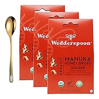 Wedderspoon Organic Manuka Honey Drops, 4 fl oz - Manuka Honey Cough Drops with Moofin Golden SS Spoon - Soothes Throat & Cough, Ginger for Immune Support, New Zealand Manuka Honey Drops (Pack of 3)
