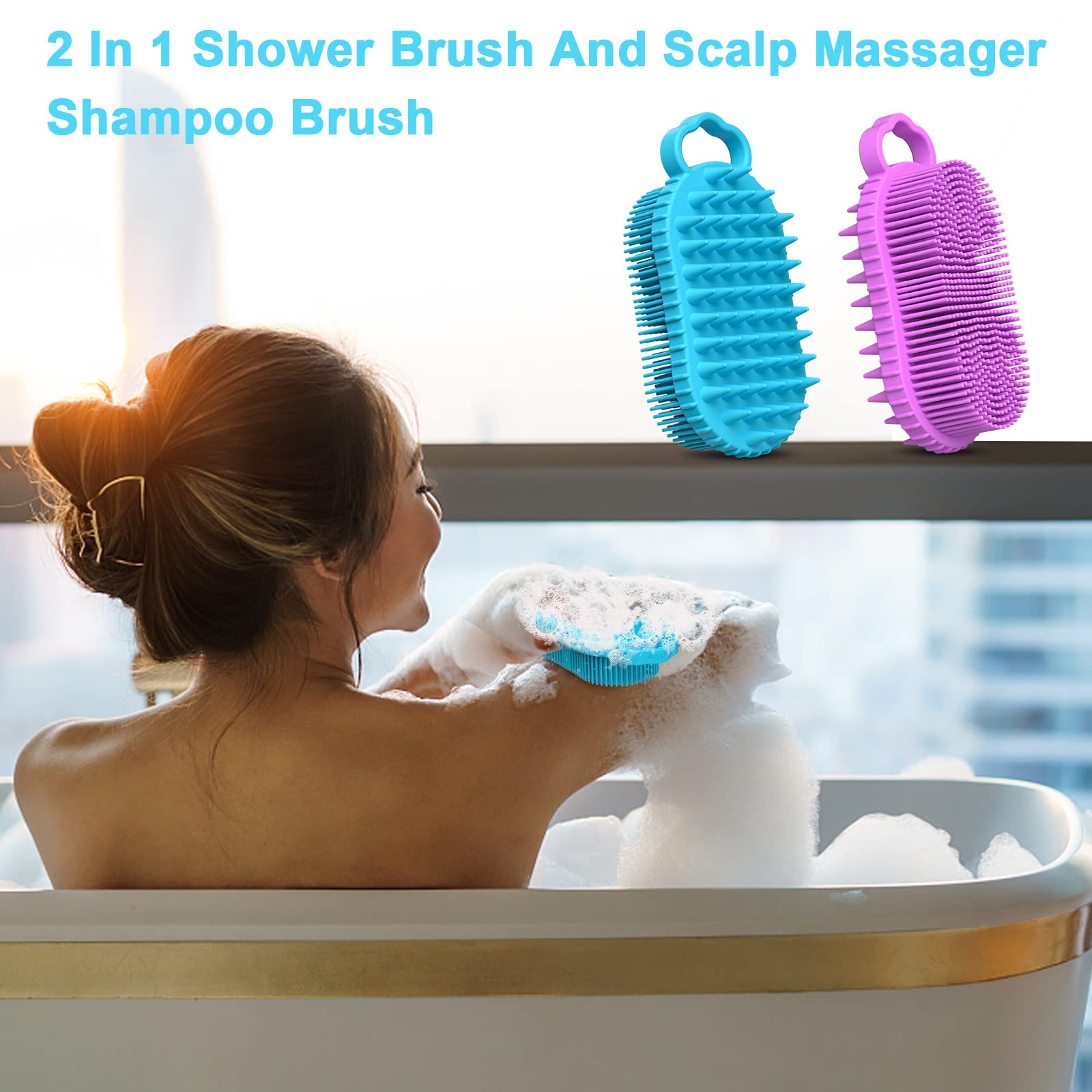 BathWe 2 Pack Silicone Body Scrubber, 2 in 1 Shower and Shampoo Scalp Massager Brush for Dry and Wet, Men Women Bath Exfoliate Accessory (Large)
