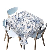 Flower Pattern Square Tablecloth,Leaf Theme,Breathable Tabletop Cover Waterproof Square Table Cloth,for Square Tables for Parties,Holiday Dining（White Blue，40 x 40 Inch）