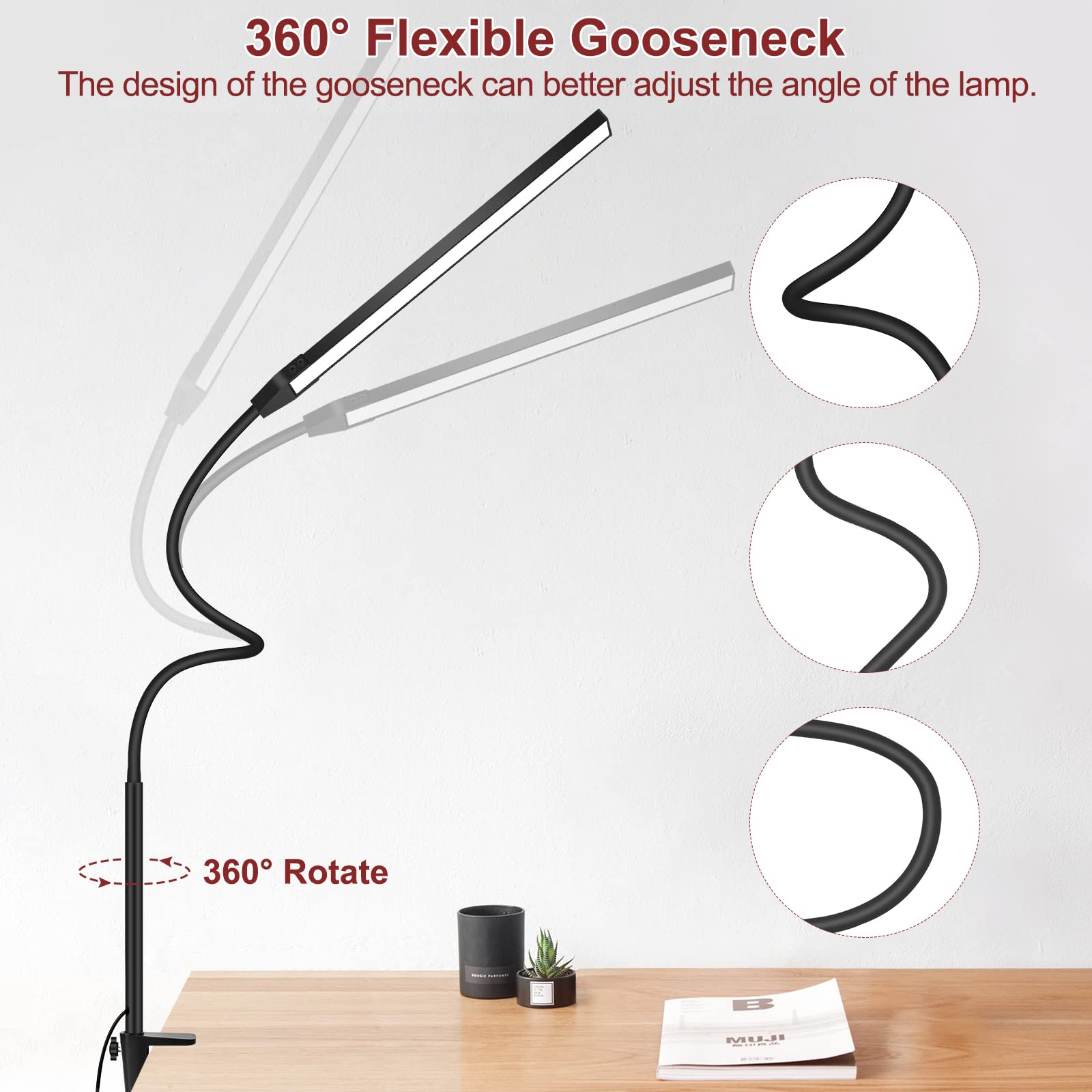 NAKOOS LED Desk Lamp with Clamp, Desk Light for Home Office, Touch Control 3 Modes Stepless Dimmable Clip on Desk Lamp with Long Felxible Gooseneck for Study, Reading, Dorms, Studios