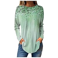 Long Sleeve Shirts for Women Geometry Printed Round Neck Tunic Pullover Tops Trendy Dressy Loose Fit Blouse