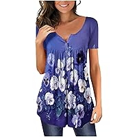 2024 Womens Spring Tunic Tops Floral Summer Casual Henley Shirts Short Sleeve Beach Blouse Loose Fit Hawaiian Shirt