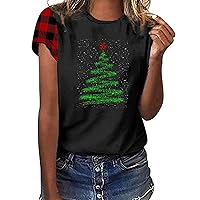 Womens Merry Christmas Tree Leopard Plaid Printed T-Shirt Short Sleeve T-Shirts Tops Funny Graphic Tee Holiday Blouse