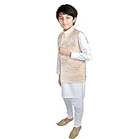 Gold Vest 3 Piece Suit-Off white Vaiscot Kameez & Trouser, Traditional Outfit for All Kids -Wedding and Formal Events