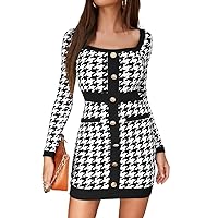 Women's Dress Houndstooth Single Breasted Square Neck Bodycon Dress (Color : Black and White, Size : Large)