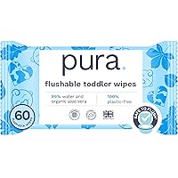 Flushable Toddler Wipes - 1 x 60 Wipes, 100% Plastic Free, 99% Water, Hypoallergenic & Fragrance Free, Totally Chlorine Free, Kids Toilet Wipes